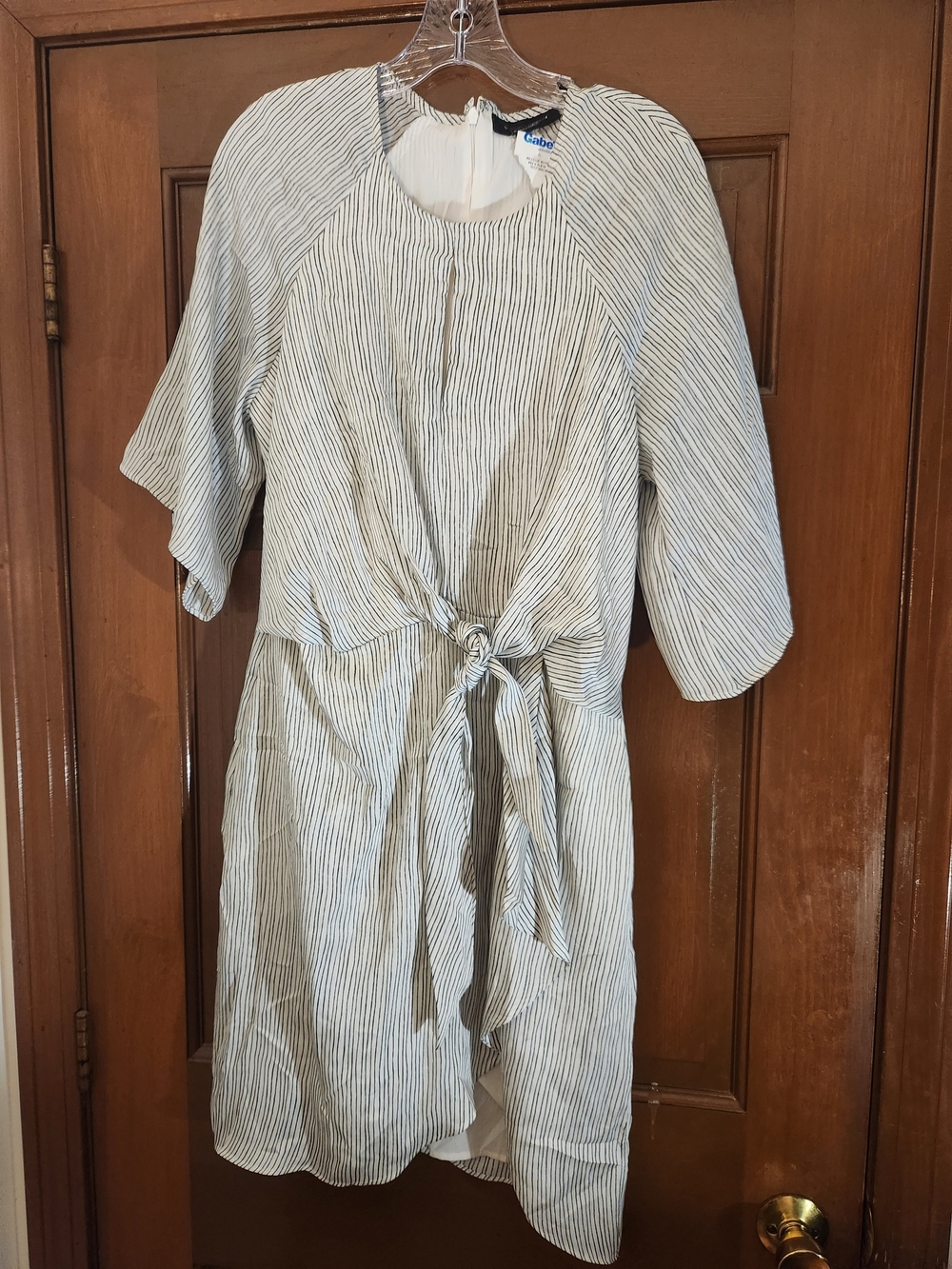 New York & Company White with Black Pinstripe Tie-Waist Midi Dress